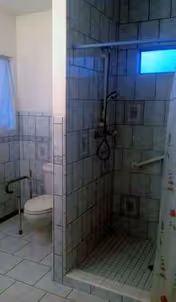 Accessible bathroom featuring a tiled shower stall and a toilet with a grab bar.