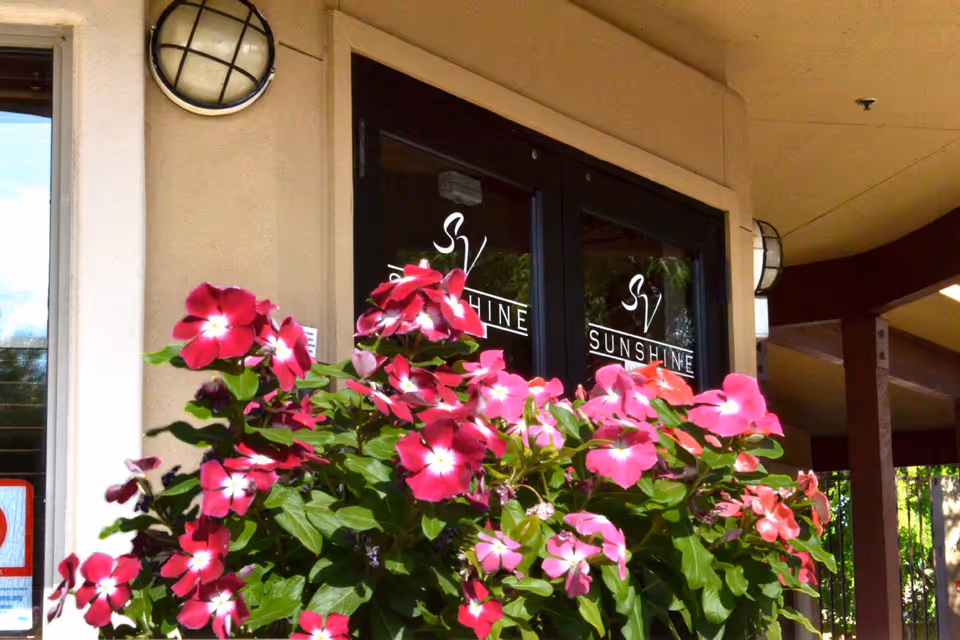Entrance doors of Sunshine Village facility with glass panels displaying the SV Sunshine logo, surrounded by a beige exterior wall and vibrant pink flowers in the foreground.