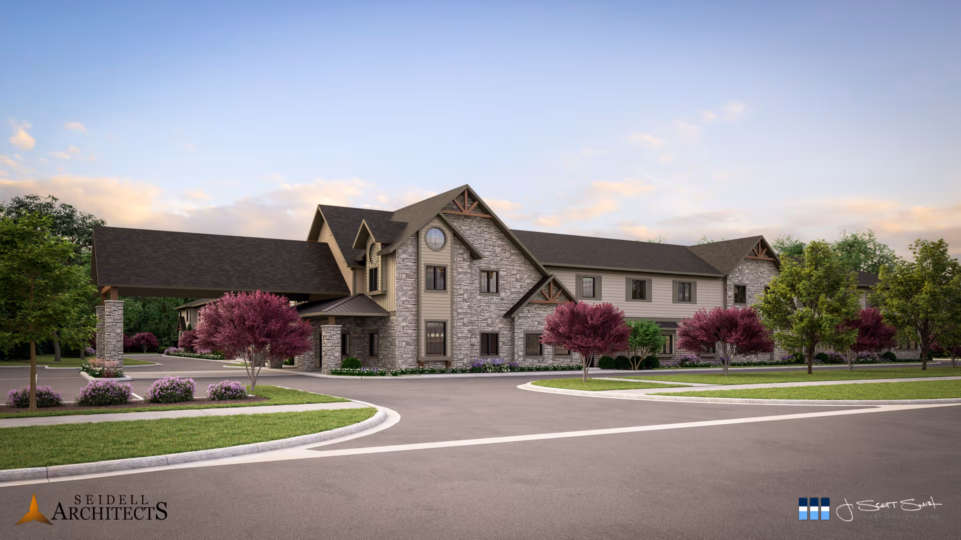 Exterior view of a two-story senior living facility building with stone and siding facade, surrounded by landscaped greenery and purple-leaved trees under a partly cloudy sky.