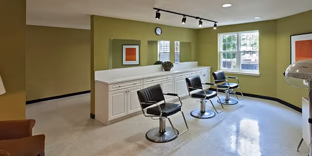 Well-lit salon area with three styling chairs facing a long counter and mirrors by a window.