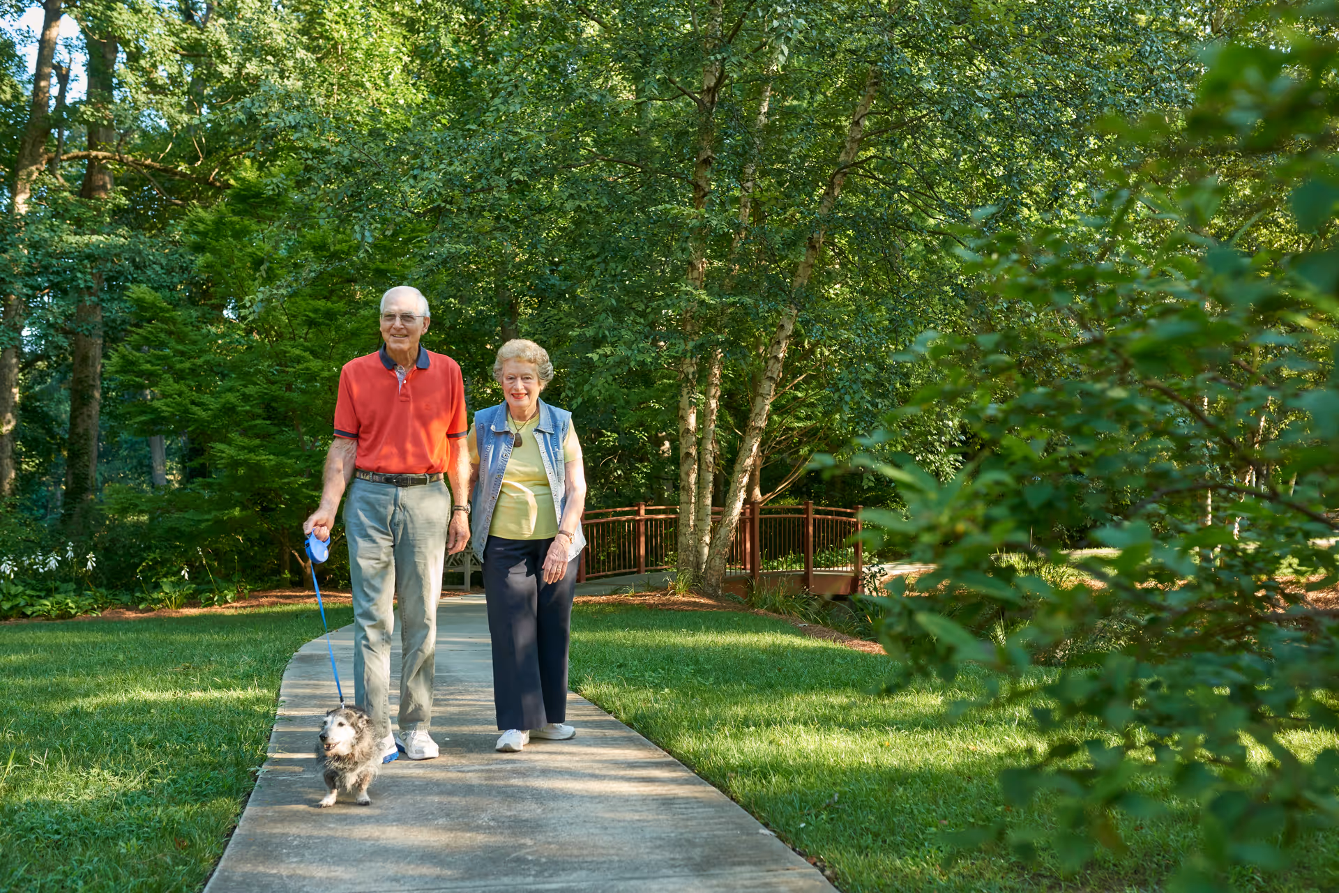 An elderly couple walking a small dog on a leash along a paved path in a lush, green park-like setting with trees and grass surrounding them.