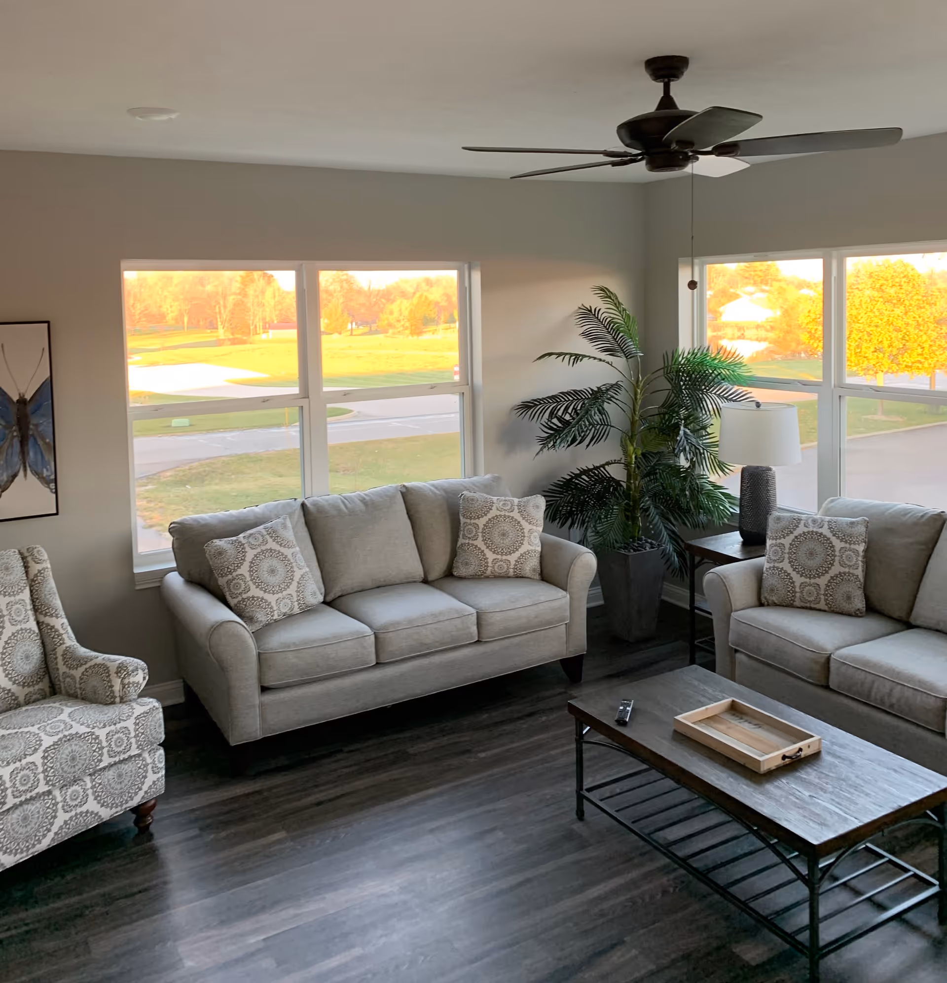 A bright living room with two beige sofas and a patterned armchair arranged around a wooden coffee table. The room has large windows letting in natural light, a ceiling fan, a tall potted plant, and a table lamp on a side table.