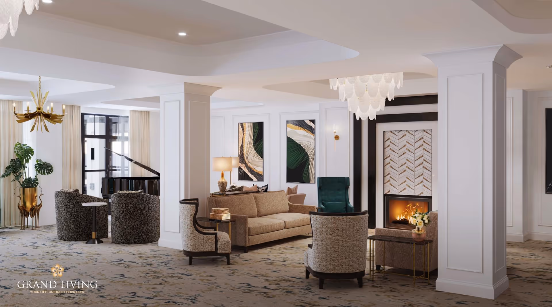 A spacious and elegant living room area in a senior living facility featuring comfortable seating including a beige sofa, armchairs, and a green accent chair. The room has a modern fireplace with a decorative tile surround, abstract wall art, a grand piano near large windows with sheer curtains, and stylish lighting fixtures including a chandelier and wall sconces. The carpet has a subtle pattern, and there are white columns dividing the space.