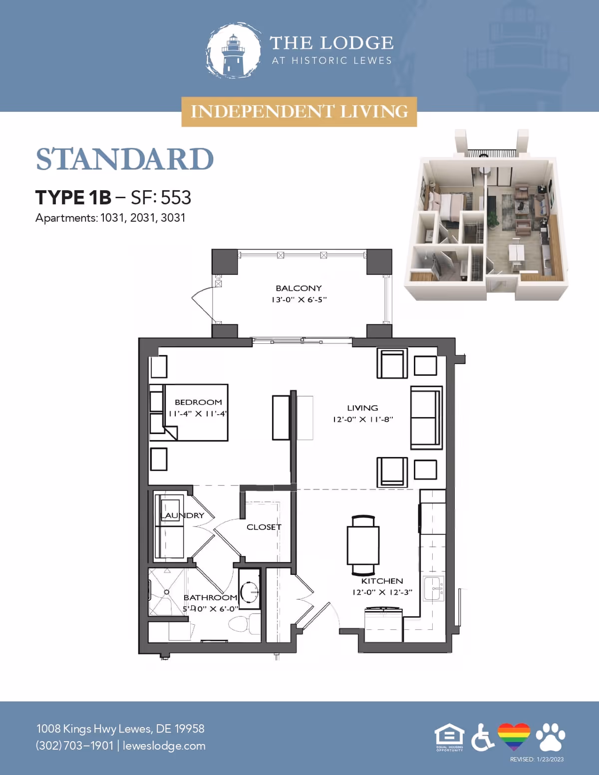 Floor plan of a standard independent living apartment Type 1B at The Lodge at Historic Lewes, showing a bedroom, bathroom, laundry, closet, kitchen, living area, and balcony with dimensions.