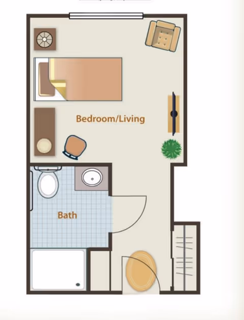 Floor plan of a senior living unit showing a combined bedroom and living area with a bed, chair, desk, TV, and plant. There is a separate bathroom with a toilet, sink, and shower. The entrance area includes a closet.