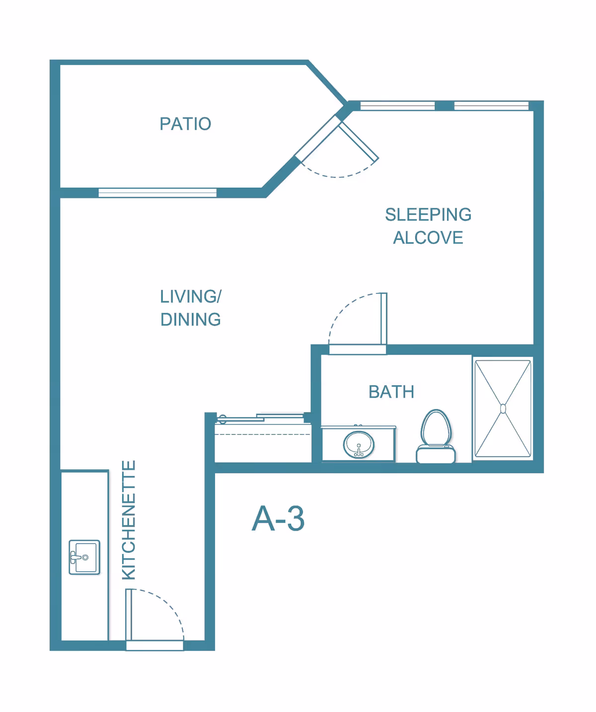 Floor plan of a living space labeled A-3 showing a patio, living/dining area, kitchenette, sleeping alcove, and a bathroom with a sink, toilet, and shower.