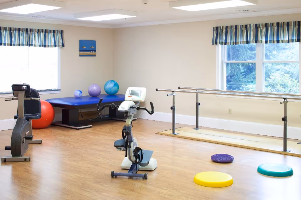 A bright exercise room with wooden flooring featuring stationary exercise bikes, a blue padded exercise table with various exercise balls, parallel bars for walking support, and colorful balance discs on the floor. The room has large windows with striped valances allowing natural light to enter.