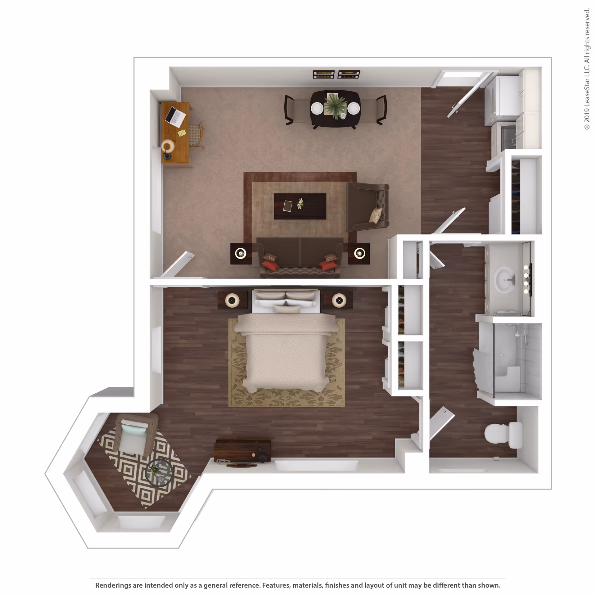Top-down floor plan of a senior living unit at Juniper Village at Forest Hills, featuring a bedroom with a bed, nightstands, and a small sitting area with a chair and table. Adjacent to the bedroom is a living room area with a sofa, armchair, coffee table, side tables, a small dining table with two chairs, and a desk with a chair. The kitchen area includes appliances and cabinetry. The bathroom has a sink, toilet, and shower. The flooring varies between carpet and wood-like finishes.