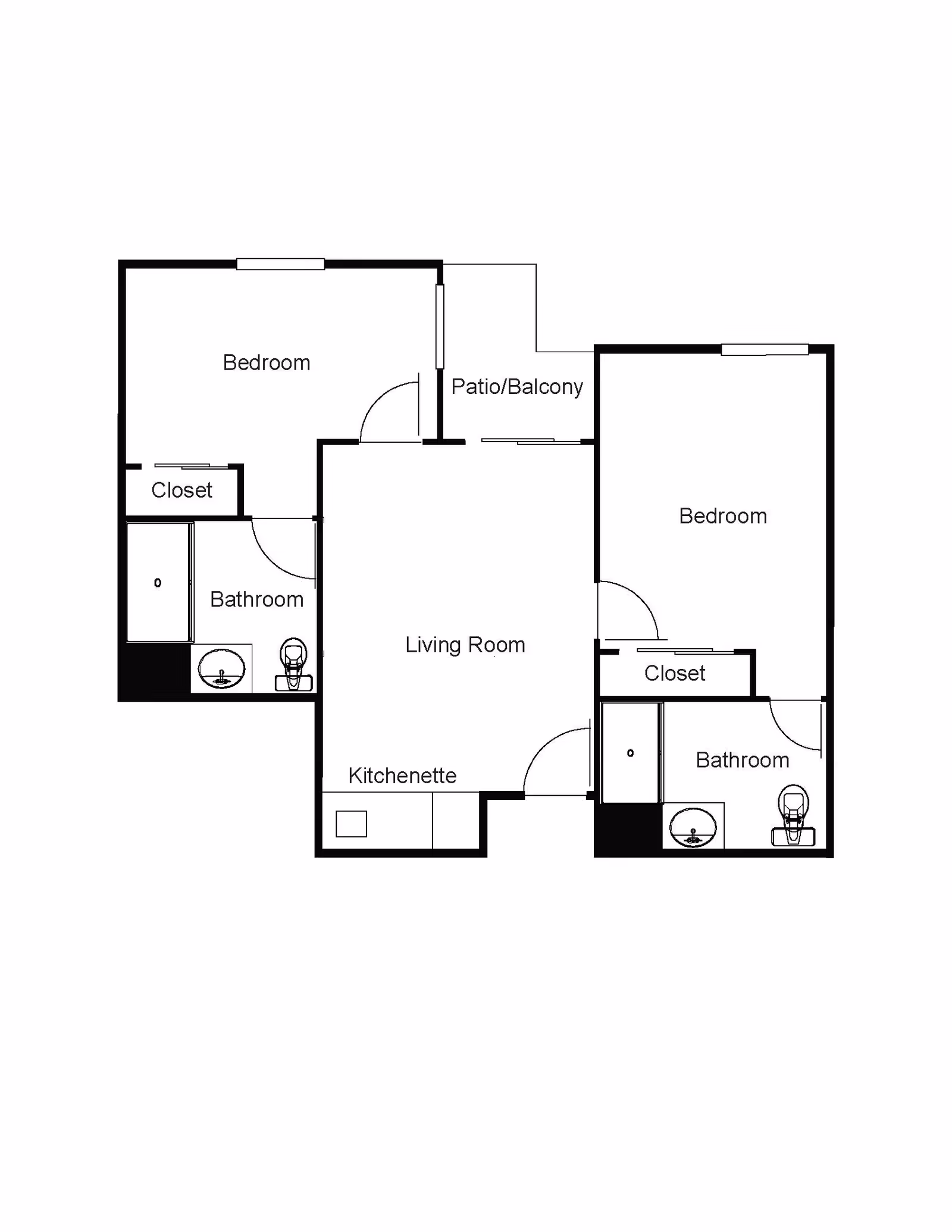 Floor plan of a two-bedroom apartment featuring two bathrooms, two closets, a living room, a kitchenette, and a patio/balcony.
