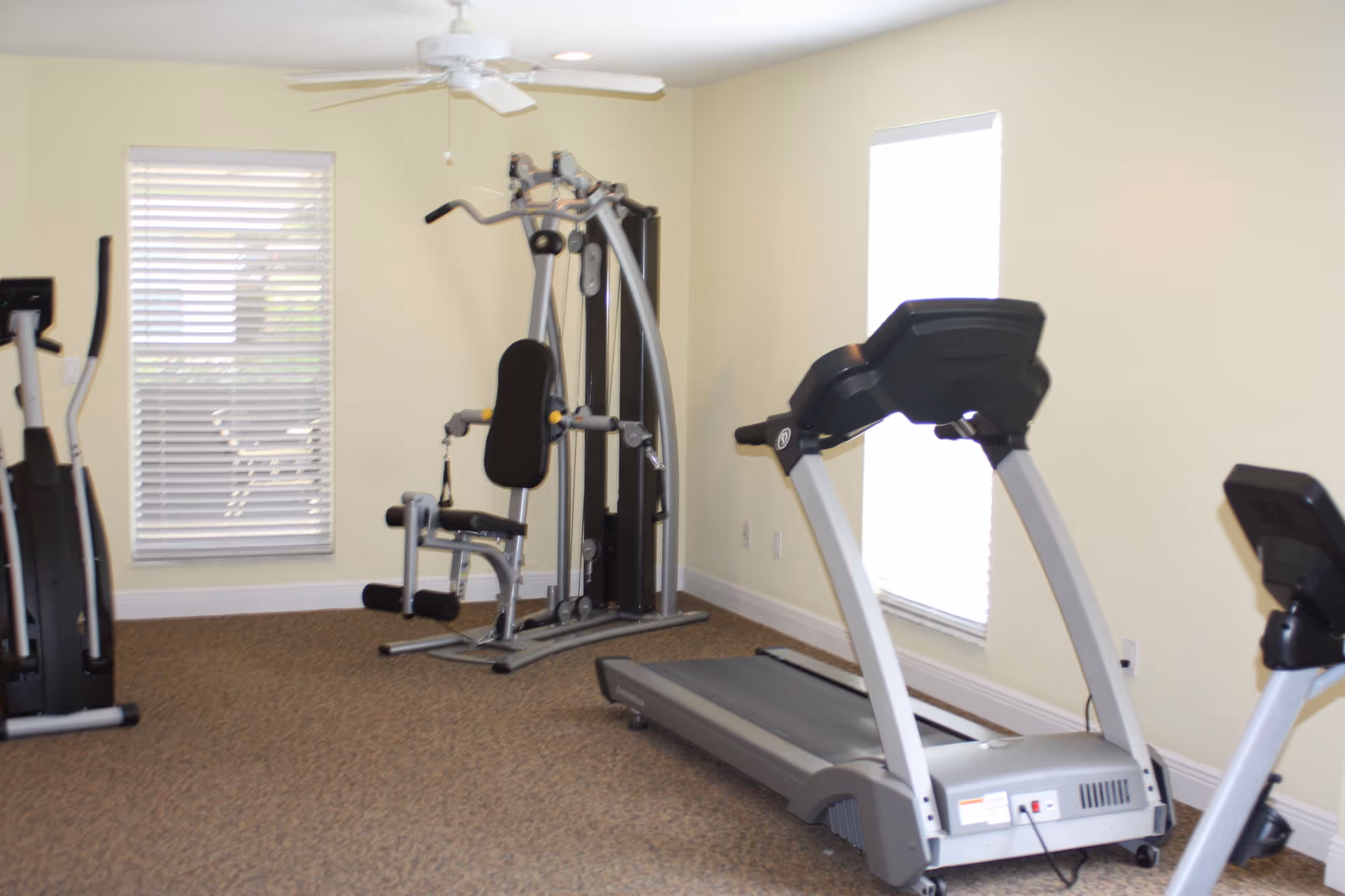 Bright exercise room with a treadmill, multi-station weight machine, and an elliptical next to windows and a ceiling fan.