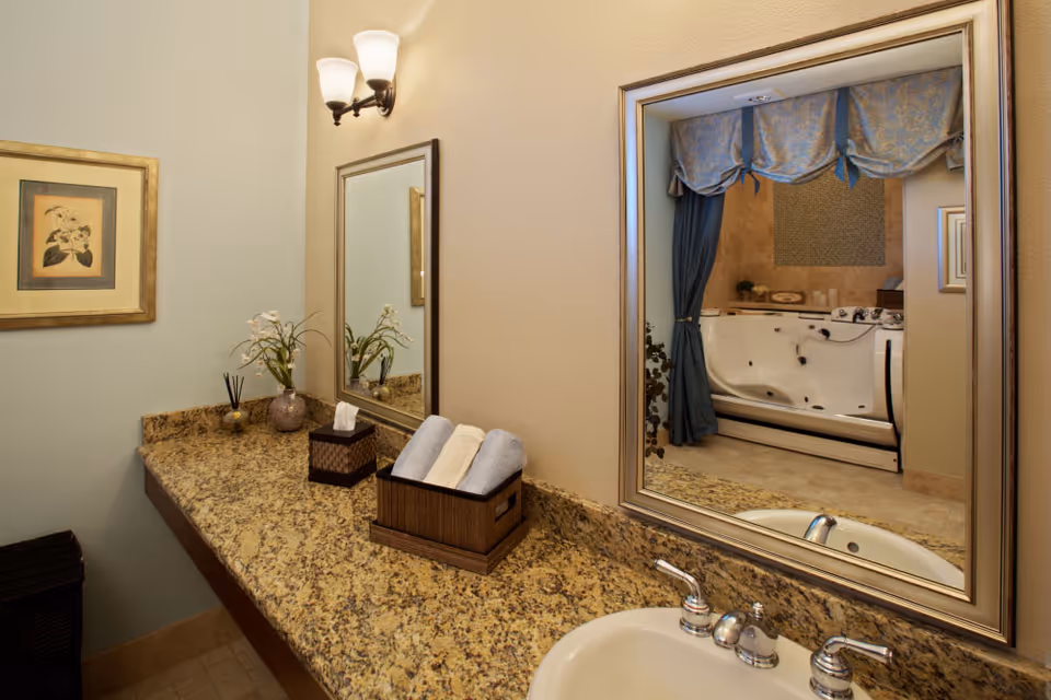 A bathroom vanity with a granite countertop, a sink with a chrome faucet, a large mirror reflecting a bathtub with blue curtains and a decorative valance. The countertop has a tissue box, a small vase with flowers, and a wooden container holding rolled towels. A framed floral picture hangs on the wall and a wall-mounted light fixture is above the mirror.