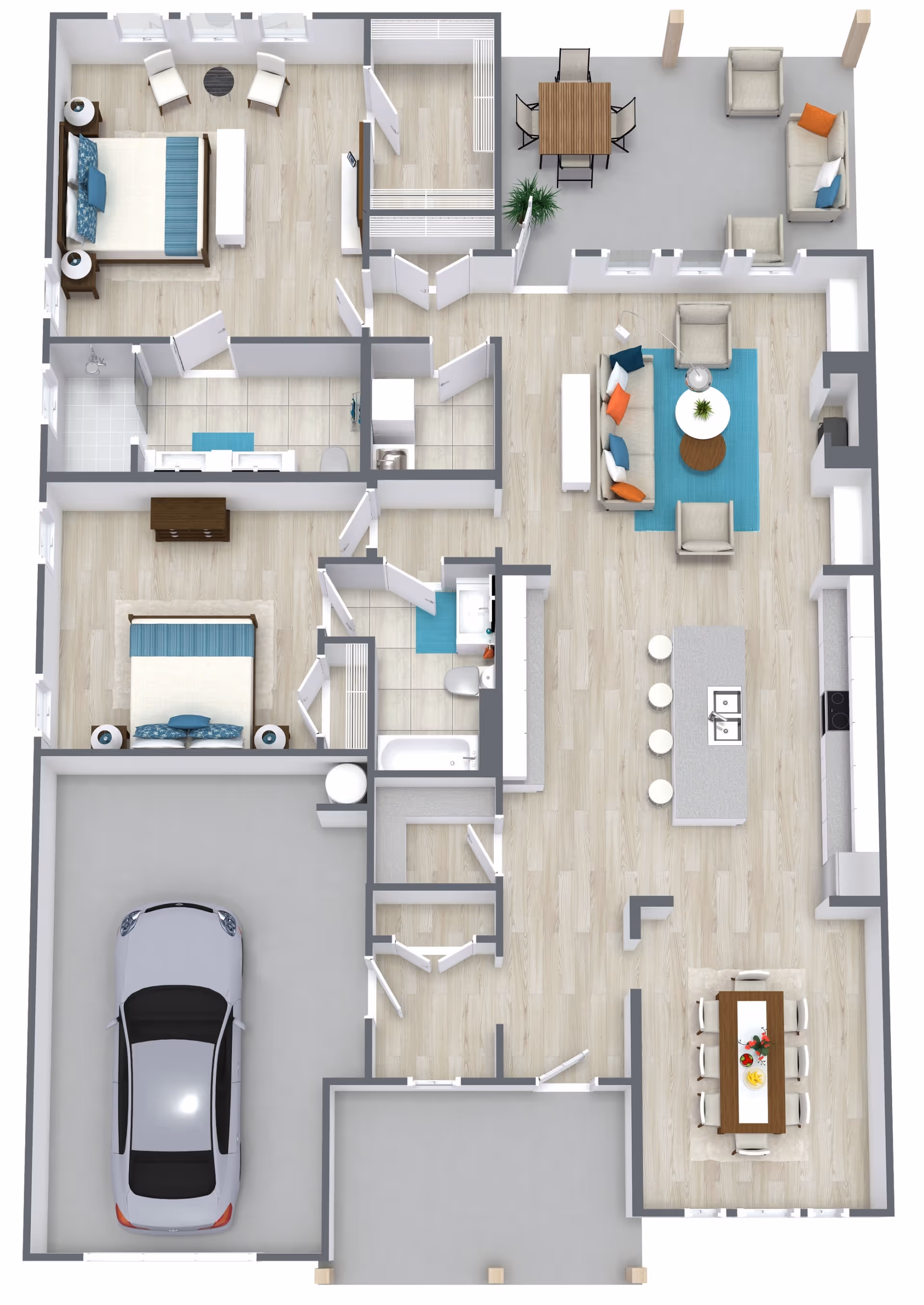 3D floor plan of a single-story home featuring two bedrooms, two bathrooms, a kitchen with an island and bar stools, a dining area with a table and six chairs, a living room with sofas and armchairs, a laundry room, a garage with a car, and an outdoor patio with seating and a dining table.