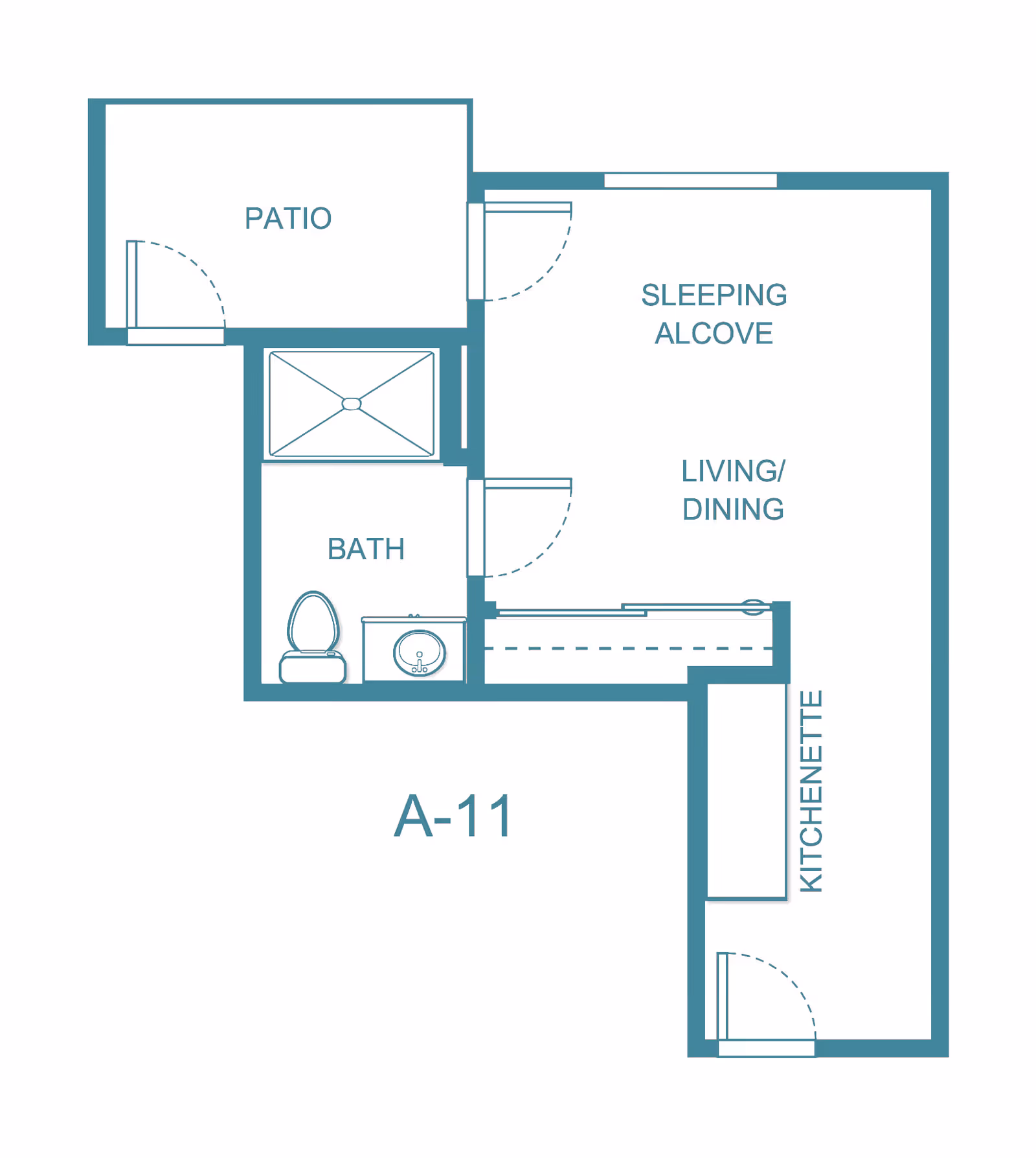 Floor plan labeled A-11 showing a layout with a patio, bath, sleeping alcove, living/dining area, and kitchenette.
