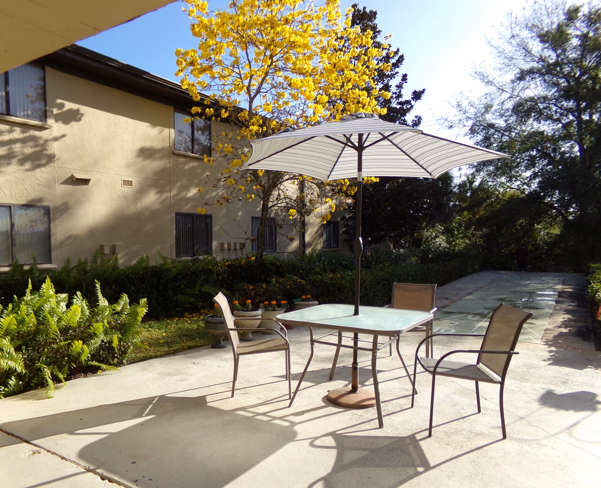 Outdoor patio area with a table, umbrella and three chairs on a concrete patio beside a building and garden.