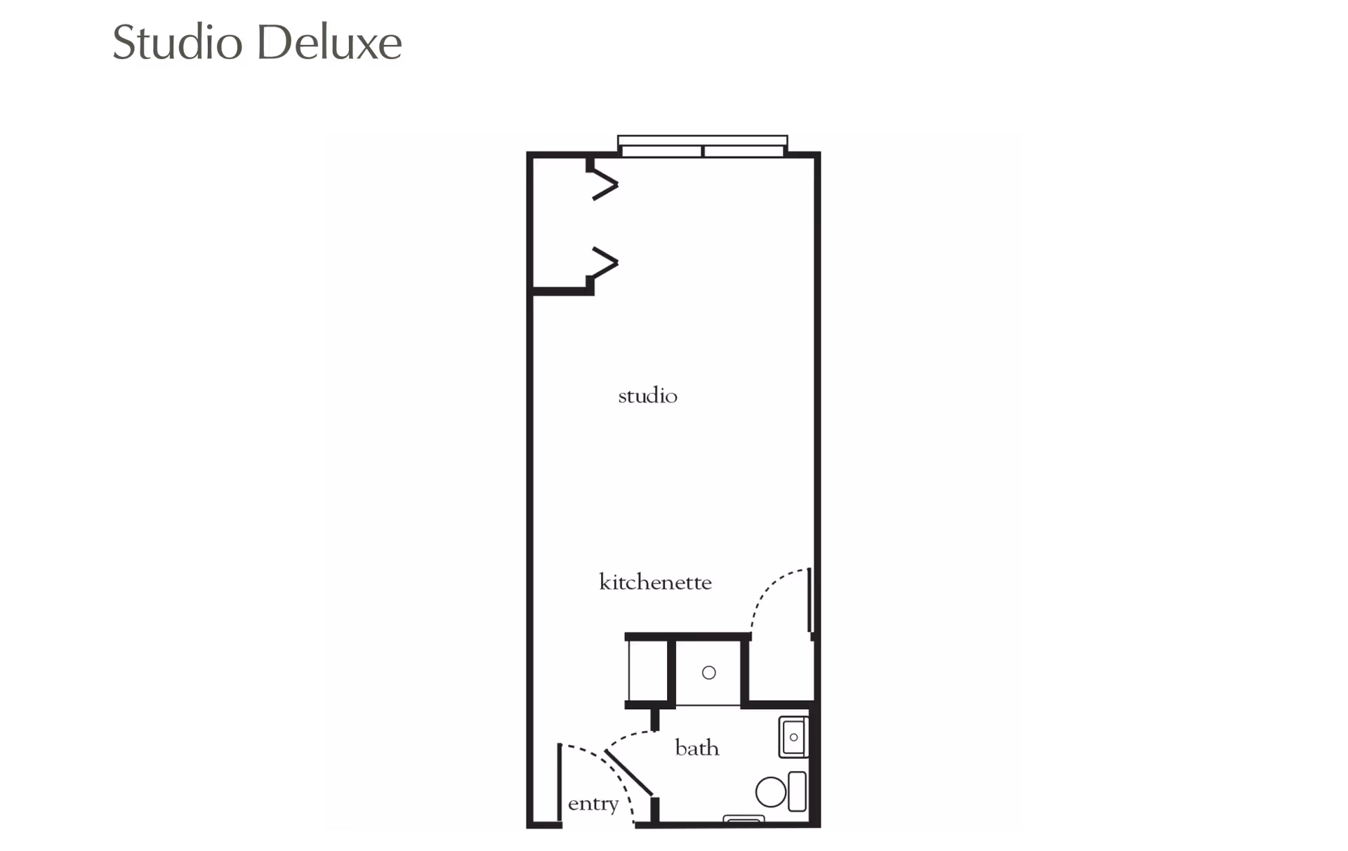 Floor plan layout of a Studio Deluxe apartment featuring an entry area, a bath with toilet and sink, a kitchenette, and a studio living space with closet space.
