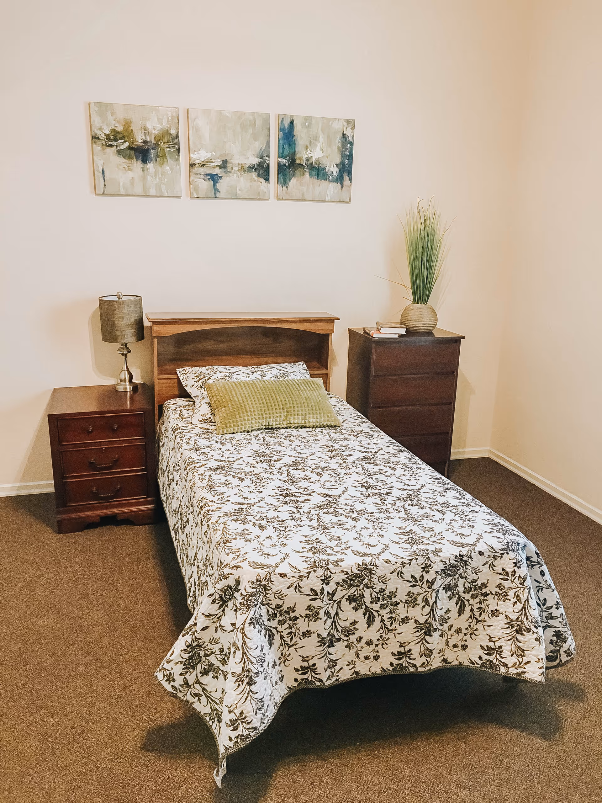 Single bedroom with a twin bed dressed in a floral coverlet, wooden headboard, nightstand with a lamp, dresser with a potted plant, and triptych wall art.