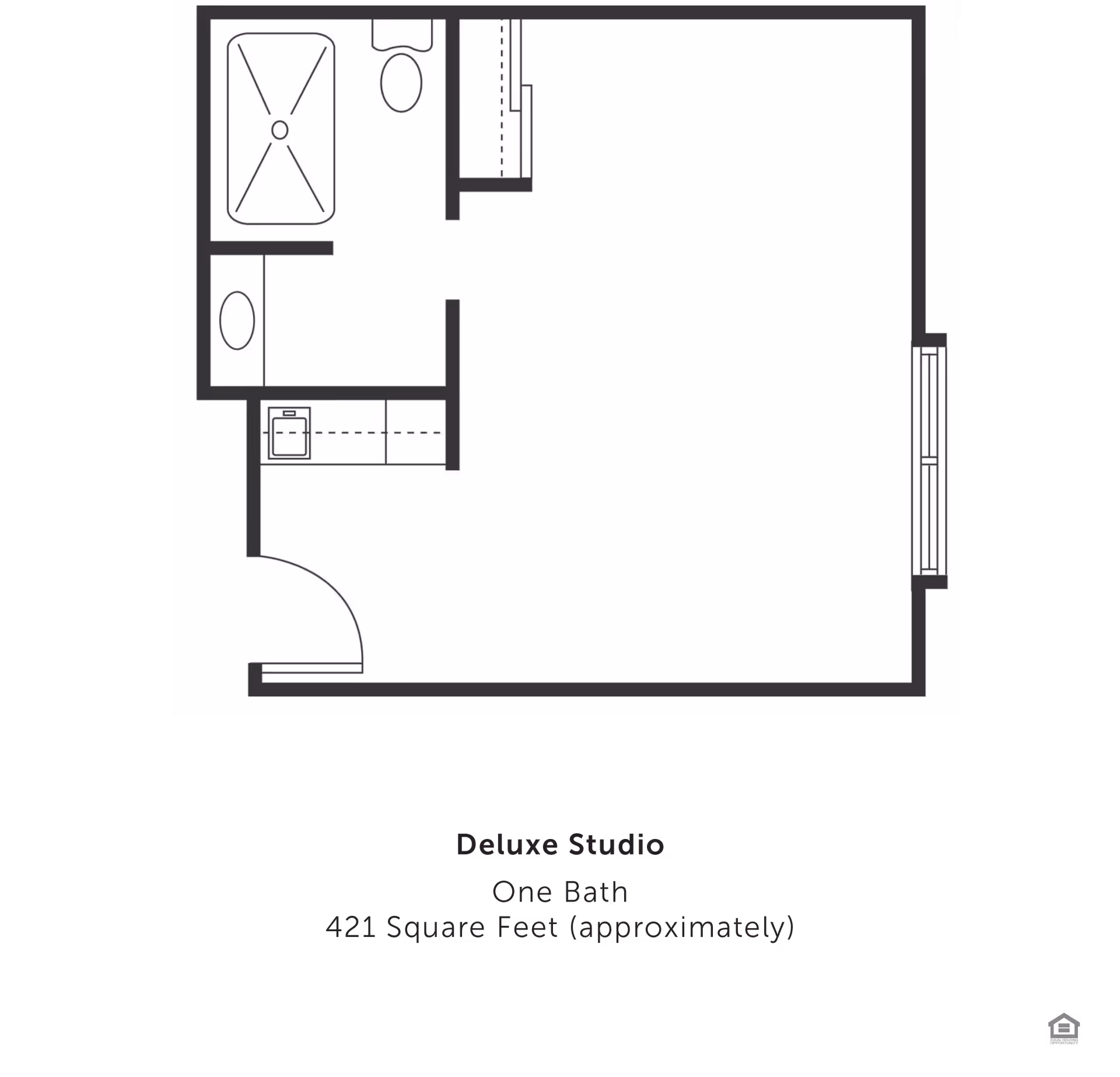 Black-and-white floor plan of a deluxe studio apartment showing a one-bath layout with kitchenette and entry door.