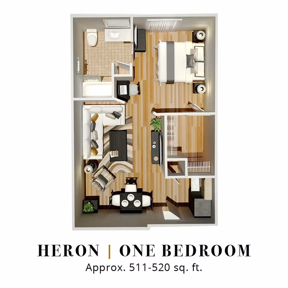 Rendered top-down floor plan of a one-bedroom apartment showing a bedroom, bathroom, kitchen, living and dining areas labeled 'Heron | One Bedroom'.