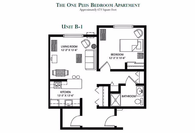 Black-and-white floor plan labeled 'Unit B-1' for a one-bedroom apartment showing a living room, kitchen, bedroom, and bathroom.