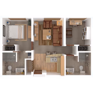 Top-down floor plan of a one-bedroom apartment featuring a bedroom with a bed and nightstands, a living room with a sofa and armchair, a kitchen with a counter and stools, two bathrooms each with a toilet and shower, and a small dining area.