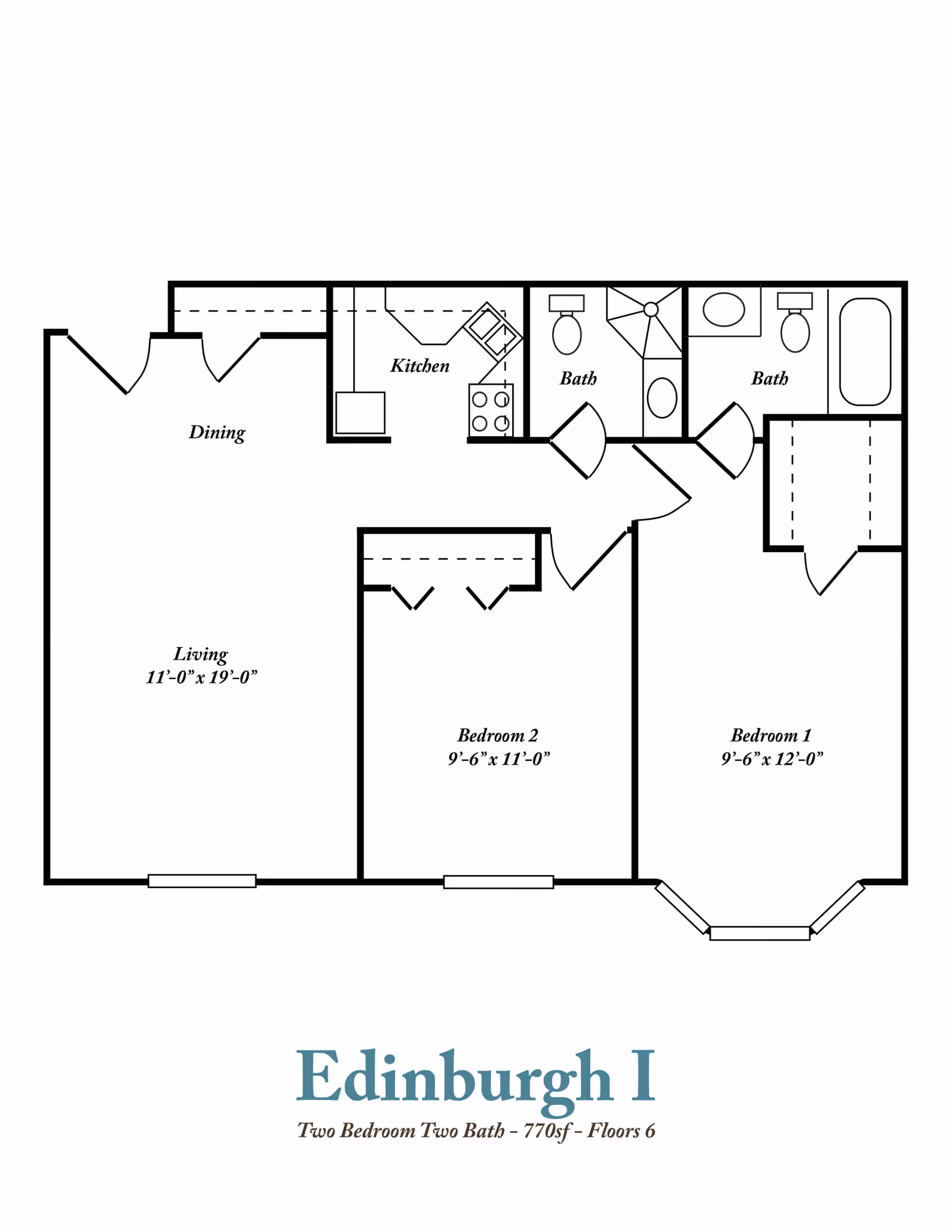 Floor plan of Edinburgh I apartment featuring two bedrooms, two bathrooms, a kitchen, dining area, and living room. Bedroom 1 measures 9 feet 6 inches by 12 feet, Bedroom 2 measures 9 feet 6 inches by 11 feet, and the living room measures 11 feet by 19 feet. The layout includes two bathrooms, one with a shower and one with a bathtub.