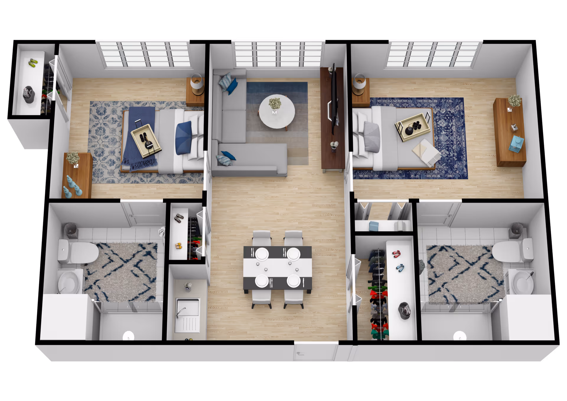 3D floor plan of a senior living unit at Magnolia Place of Roswell showing two bedrooms each with a bed, nightstand, and dresser, two bathrooms with a toilet, sink, and shower, a central living room with a sectional sofa, coffee table, and TV, and a dining area with a table set for four. There are closets with shoes and other items near the bedrooms and bathrooms.