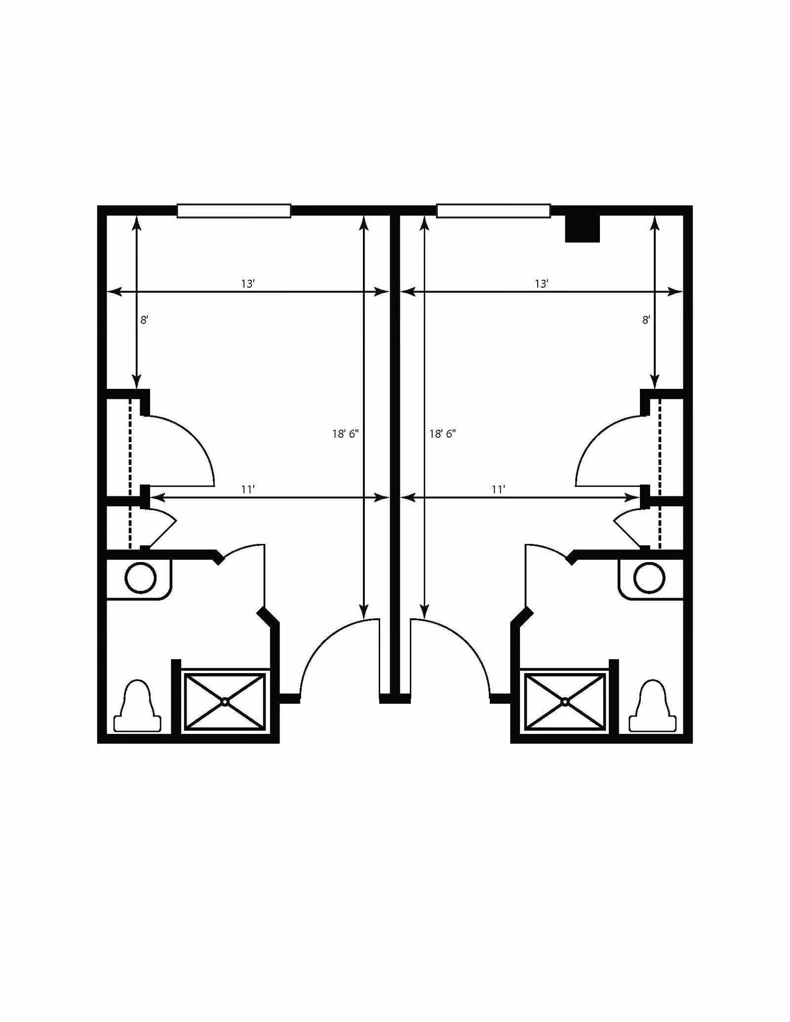 Architectural floor plan showing two adjacent rooms, each with a bathroom including a toilet and shower, and dimensions marked for length and width.