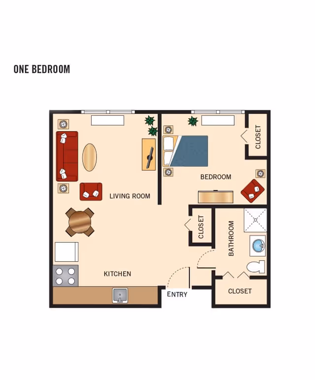 Floor plan of a one-bedroom apartment at Rose Tree Place showing a living room with sofa, armchair, coffee table, and TV, a kitchen with stove and sink, a bedroom with bed and dresser, a bathroom with shower, sink, and toilet, and multiple closets.