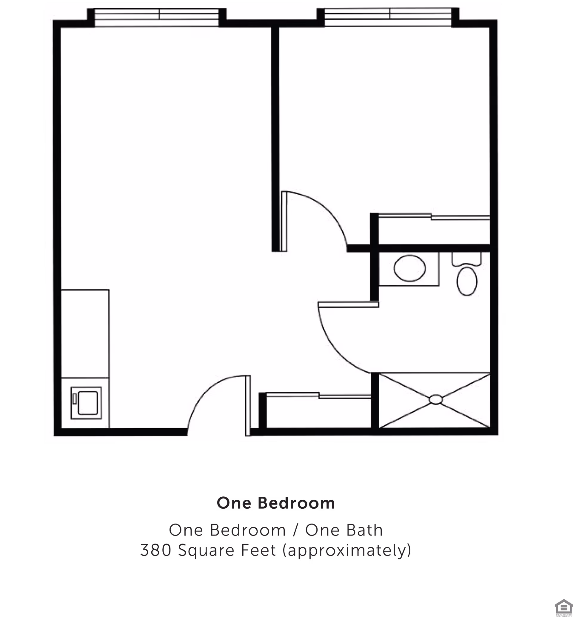 Black-and-white floor plan of a one-bedroom, one-bath apartment showing a main living area, separate bedroom, bathroom with shower and toilet, and a small kitchenette.