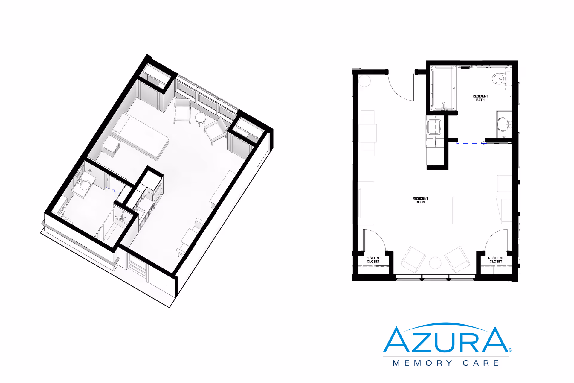 Architectural floor plan and 3D layout of a resident room at Azura Assisted Living and Memory Care, showing a bedroom area with a bed, two chairs and a small table, two closets, and a bathroom with a shower, sink, and toilet.