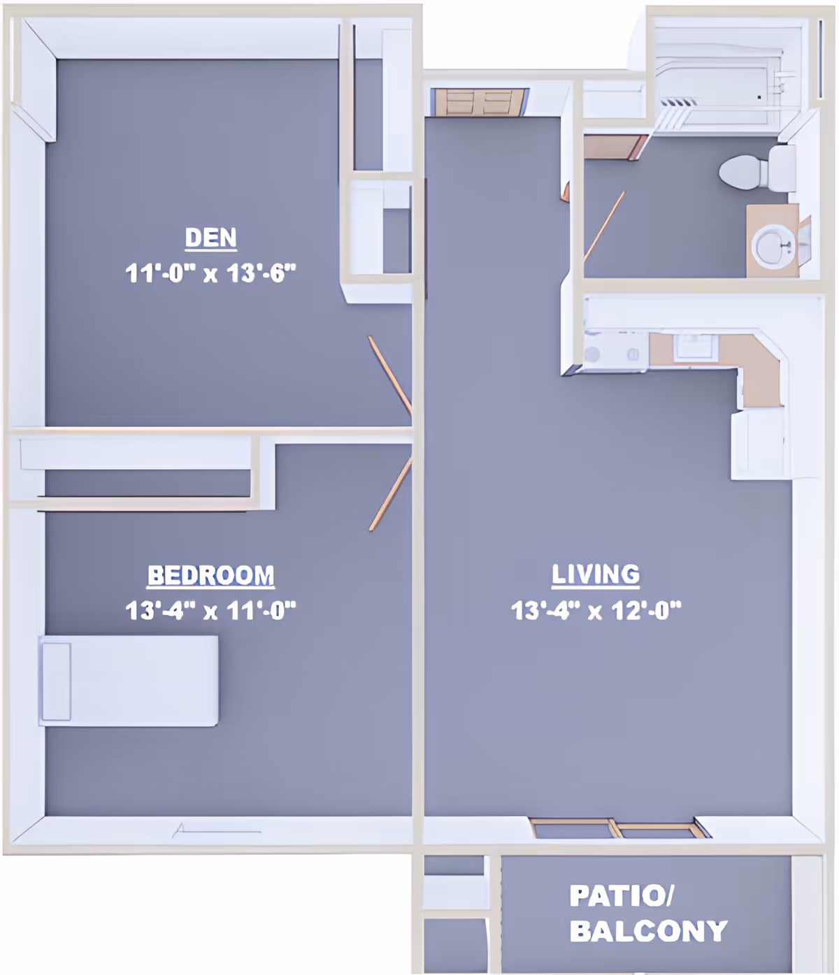 Top-down floor plan of an apartment unit showing labeled rooms including a den (11'0" x 13'6"), bedroom (13'4" x 11'0"), living room (13'4" x 12'0"), kitchen area, bathroom, and a patio/balcony.