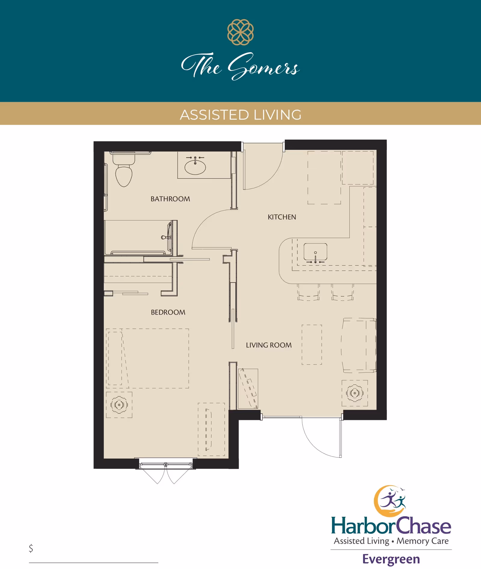 Floor plan of an assisted living unit at The Somers showing a layout with a bathroom, bedroom, kitchen, and living room. The bathroom includes a toilet and sink. The kitchen has a counter with a sink and seating area. The bedroom and living room are adjacent with furniture outlines. The plan is branded with HarborChase Assisted Living Memory Care Evergreen logo.