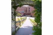 View through a white lattice archway covered with green vines, looking down a paved pathway lined with wooden fences and greenery, leading to a multi-story brick building in the background.