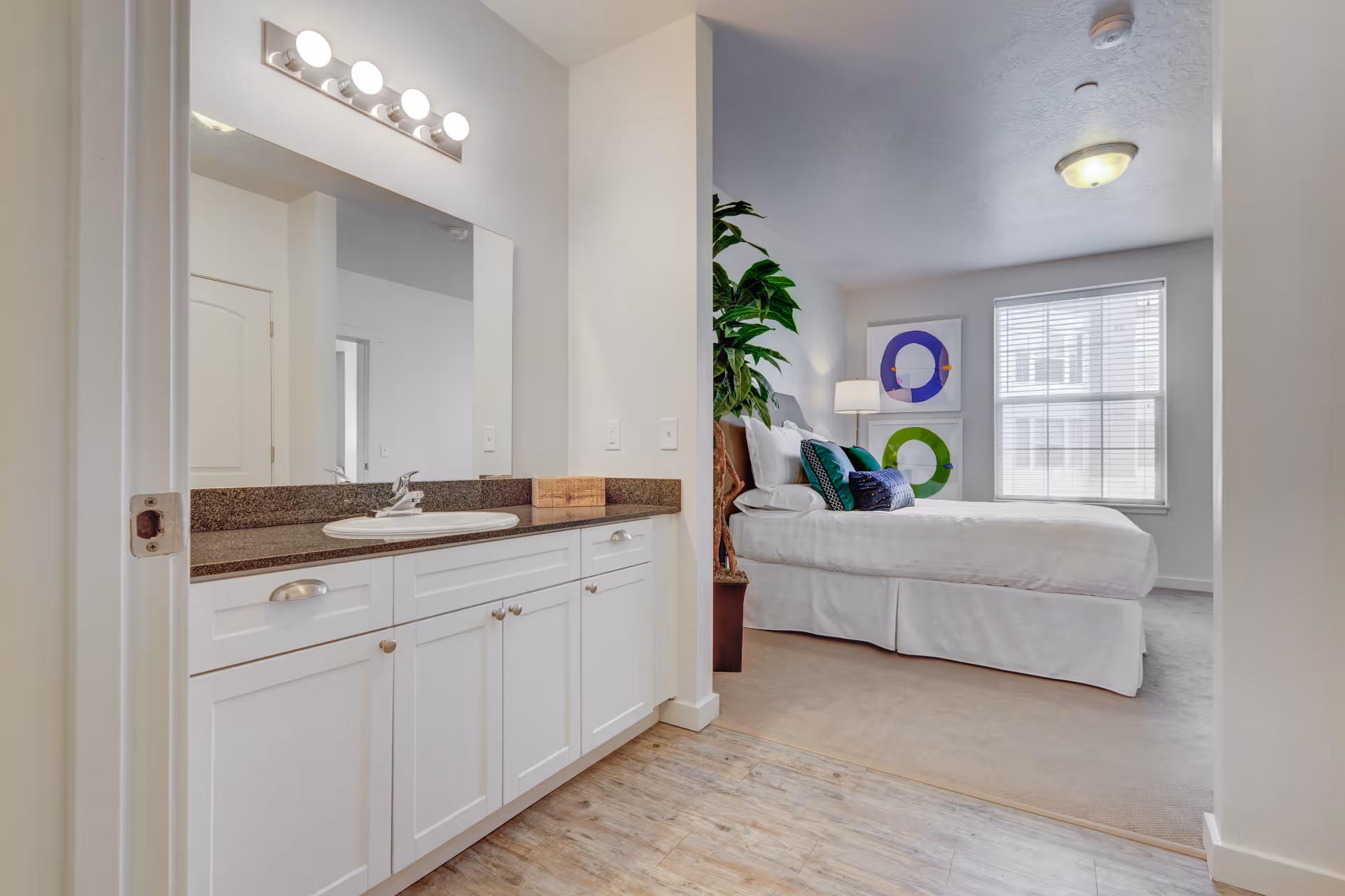 View of a bedroom with a bed decorated with multiple pillows and a large plant next to it, seen from an adjacent bathroom area with a white vanity, sink, and large mirror under bright vanity lights.