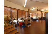 Sunny interior therapy/exercise room with wooden floors, large windows, parallel bars, exercise equipment, and seating.