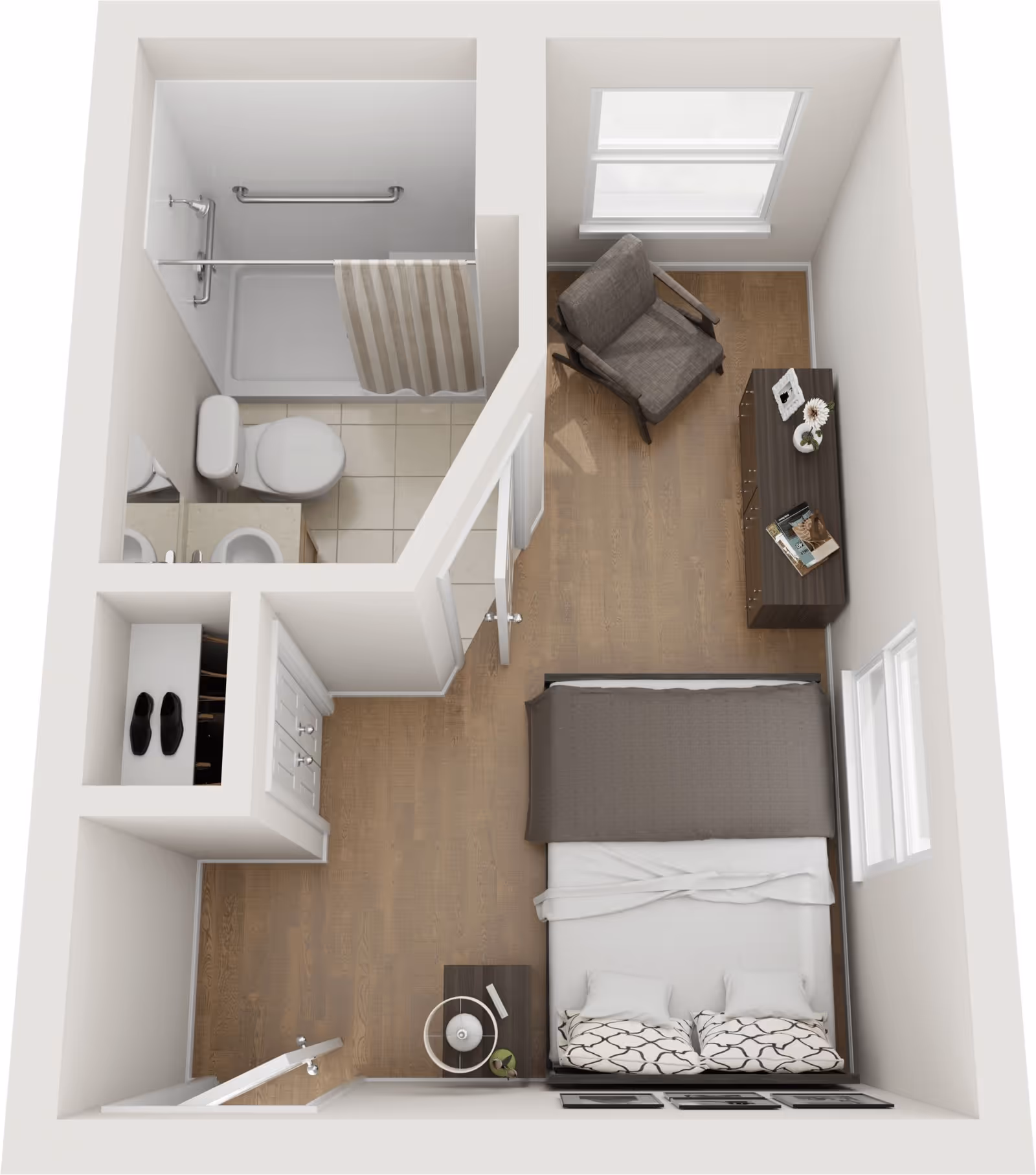 Top-down view of a small senior living studio apartment featuring a bedroom area with a bed, nightstand with a lamp, an armchair, and a dresser. The apartment includes a bathroom with a toilet, sink, and bathtub with a shower curtain. There is a small closet near the entrance with shoes and hanging space.