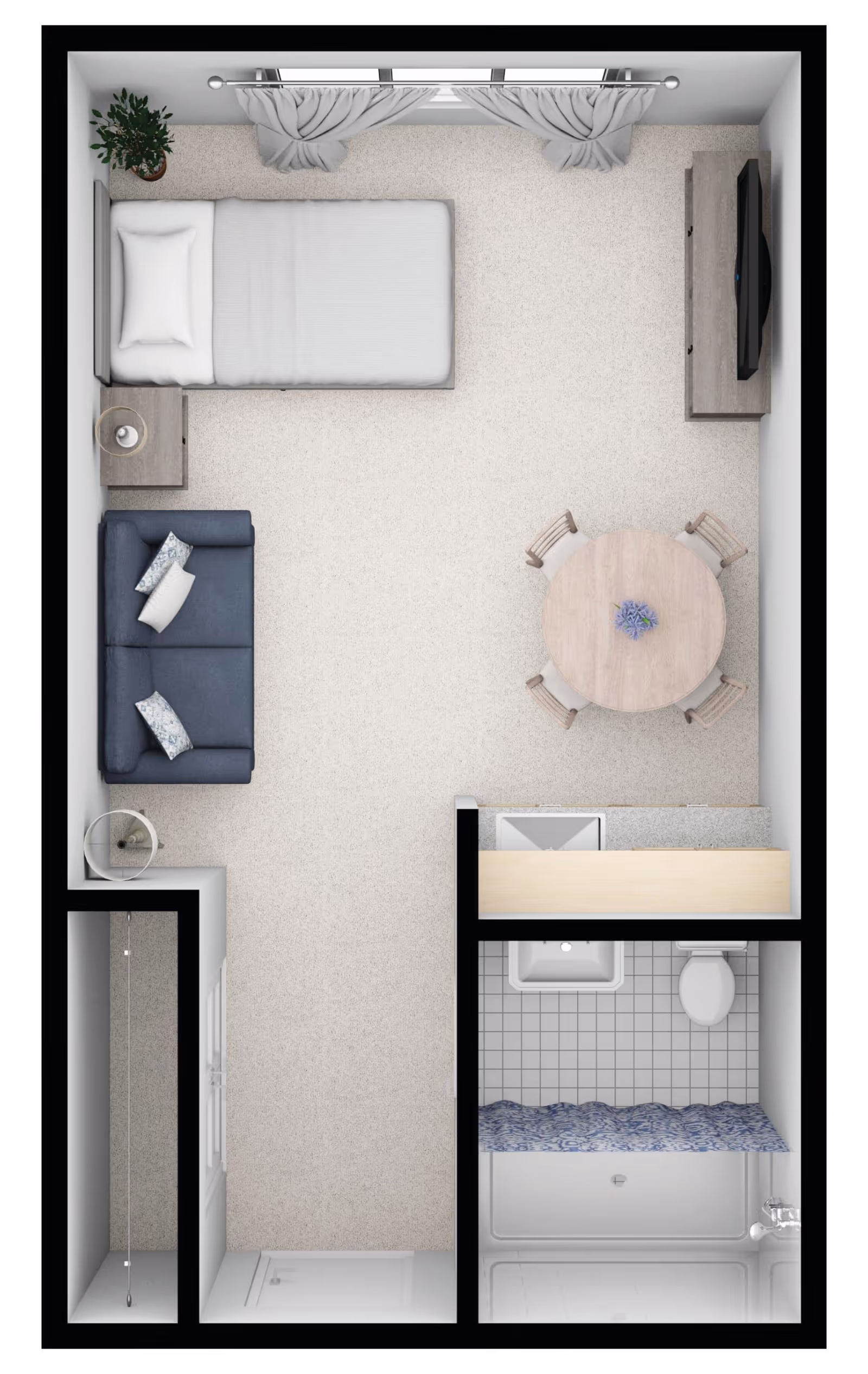 Top-down view of a small studio apartment layout featuring a bed with a pillow and nightstand, a blue sofa with cushions, a round dining table with four chairs and a small flower centerpiece, a TV on a stand, a bathroom with a sink, toilet, and bathtub with a shower curtain, and a small closet area.