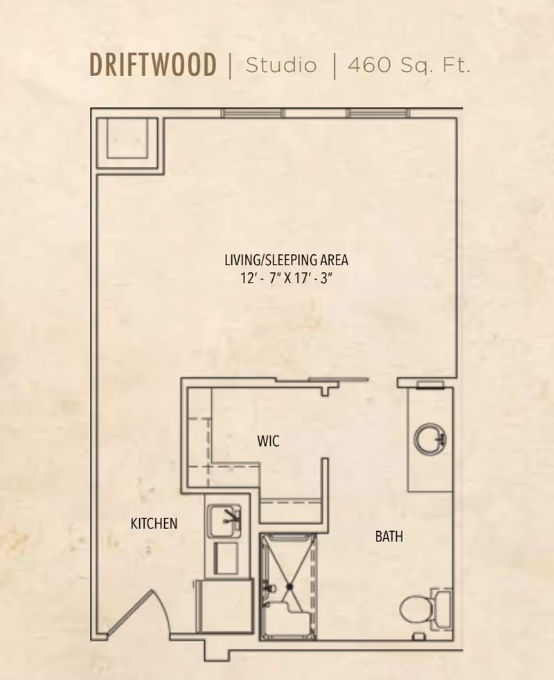 Floor plan of a studio apartment named Driftwood with 460 square feet, showing a living/sleeping area measuring 12 feet 7 inches by 17 feet 3 inches, a kitchen, a walk-in closet (WIC), and a bathroom with a shower, toilet, and sink.