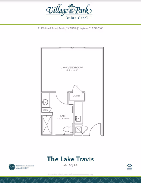 Floor plan titled 'The Lake Travis' showing a 368 sq. ft. studio-style living/bedroom with a bath, closet, linen closet, and entry, branded Village on the Park Onion Creek.