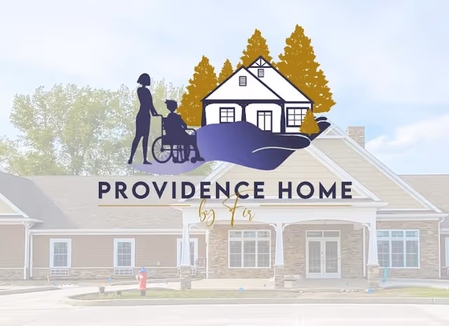 A stylized Providence Home by Fir logo overlaid on the front exterior of a single-story senior living building.