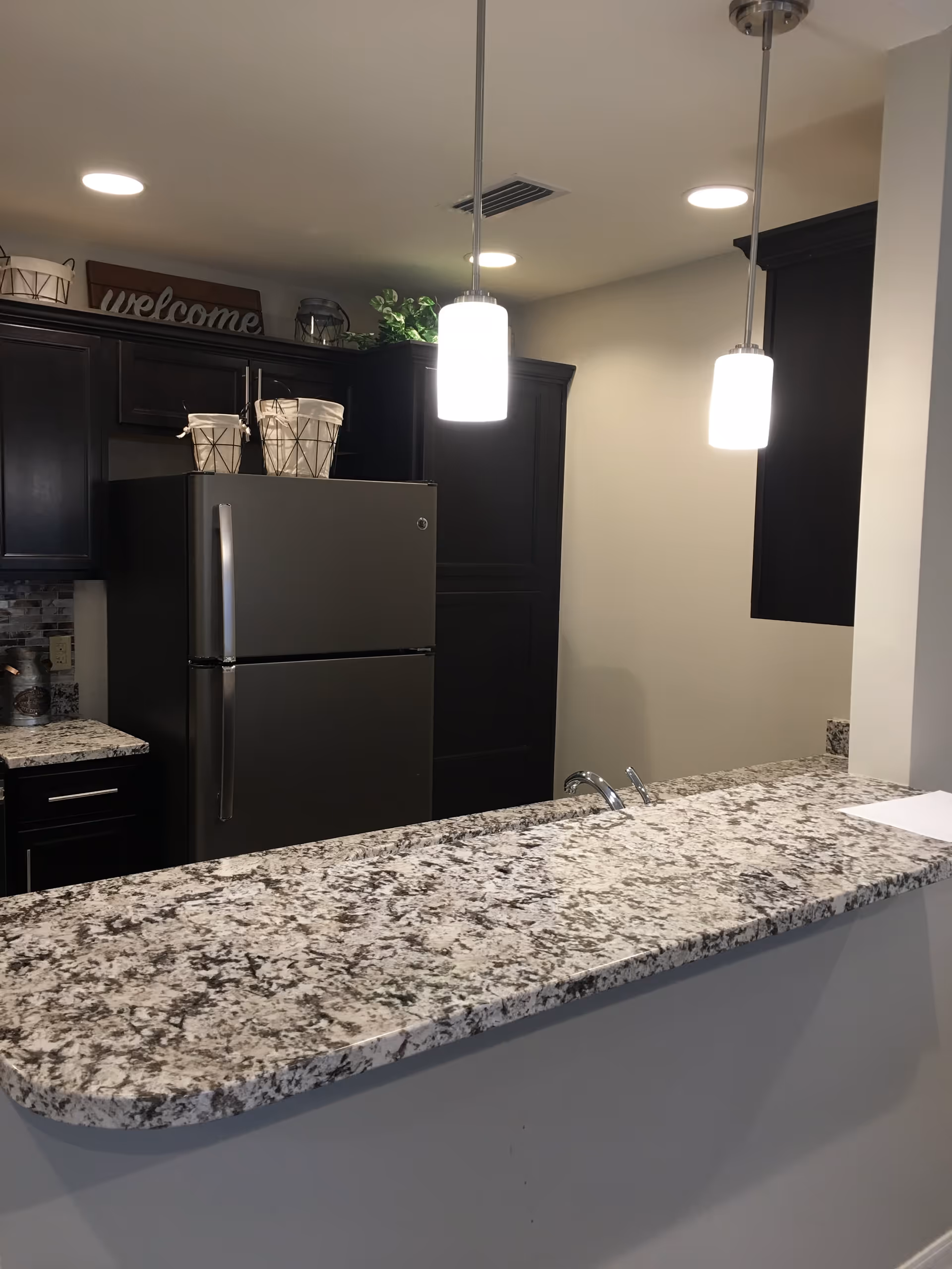Modern kitchen area with granite countertops, dark wood cabinets, stainless steel refrigerator, two hanging pendant lights, and decorative baskets and plants on top of the cabinets.