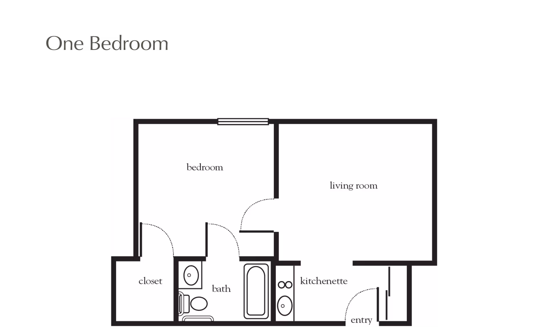 Floor plan layout of a one-bedroom apartment showing a bedroom, closet, bathroom, kitchenette, living room, and entry area.