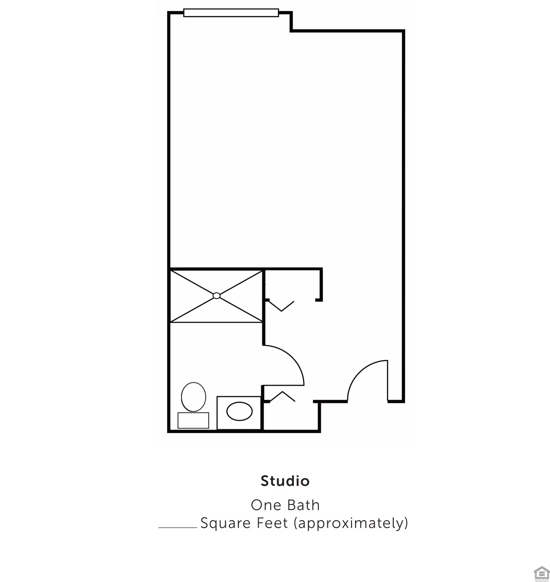 Black-and-white floor plan of a studio apartment showing a large main room, entry door, bathroom with toilet and sink, shower area, and closets.