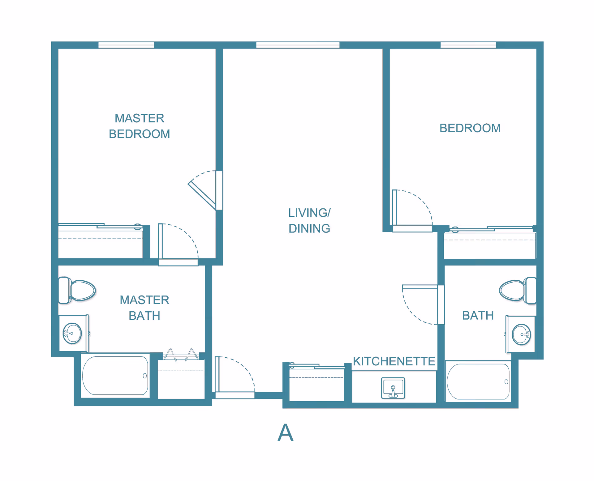 Architectural floor plan of a senior living apartment unit labeled 'A' showing a master bedroom with attached master bath, a second bedroom, a second bath, a living/dining area, and a kitchenette.