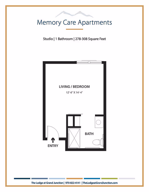 Studio memory care apartment floor plan showing a combined living/bedroom, entry, and bathroom.