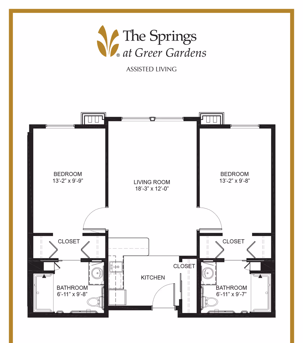 Black-and-white floor plan for a two-bedroom assisted living apartment from The Springs at Greer Gardens showing a living room, kitchen, two bedrooms, two bathrooms and closets.