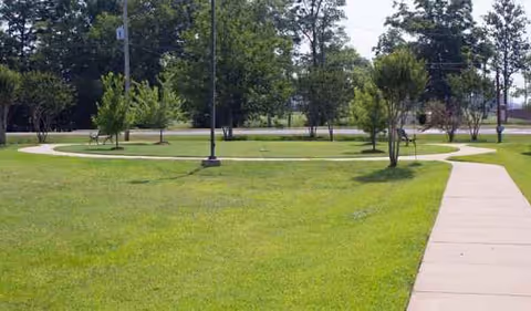 Paved sidewalk curves through a grassy lawn with trees and lampposts.