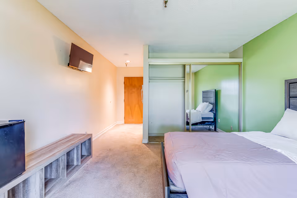 A bedroom with a bed featuring a purple comforter and white pillows against a green wall. There is a mirrored sliding closet door reflecting the bed. A wooden door is visible at the end of the carpeted hallway, with a wall-mounted TV and a low wooden shelf on the left side.