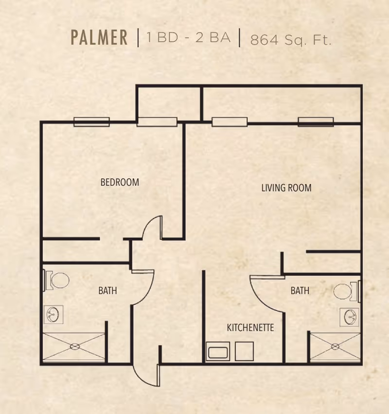 Simple floor plan labeled 'Palmer' showing a 1-bedroom, 2-bath 864 sq. ft. layout with a living room, bedroom, kitchenette, and two bathrooms.