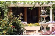 Outdoor garden area with lush greenery, colorful flowers, and a multi-tiered stone fountain featuring a horse statue on top. There is a pergola structure above and a building entrance visible in the background.